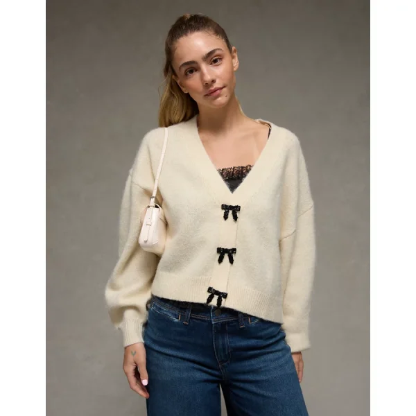 AE V-Neck Bow Cardigan - Cream