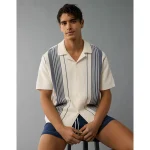 AE Weekend Striped Button-Up Sweater Polo Shirt - Frosty Cream