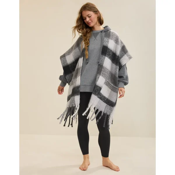 Aerie Fringe Plaid Cape - Shell Gray