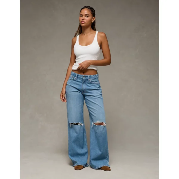 AE Dreamy Drape Stretch Curvy Ripped Super High-Waisted Baggy Wide-Leg Jean - Light Destroy Wash