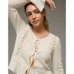 AE Lace Knit Tie-Front Cardigan - Oatmeal Heather