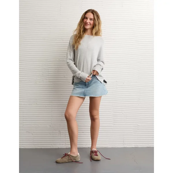 AE Long Sleeve Plush Crew Neck Top - Light Heather Gray