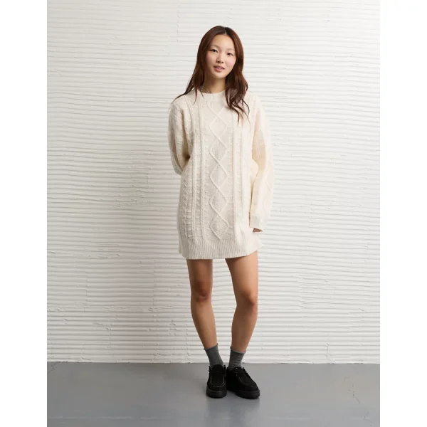 AE Oversized Cable Knit Sweater Dress - Cream