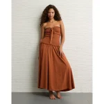 AE Sunchaser Knit Smocked Drop Waist Midi Dress - Amber Brown