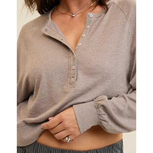 Aerie Happy Snit Henley T-Shirt - Heathered Taupe