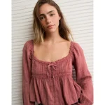 AE Long Sleeve Babydoll Blouse - Mauvewood