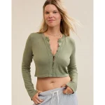 Aerie Happy Snit Cardi T-Shirt - Olive Fun