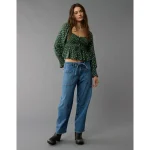 AE Long-Sleeve Smocked Tie Front Blouse - Green