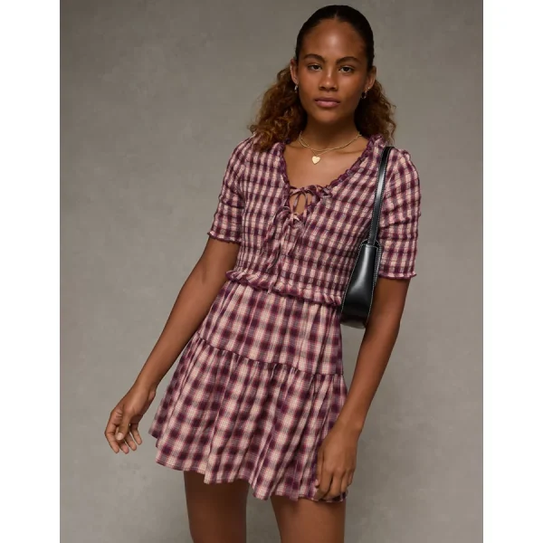 AE Puff Sleeve Tie Front Plaid Mini Dress - Burgundy