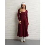 AE Square Neck Side Slit Midi Dress - Preppy Red