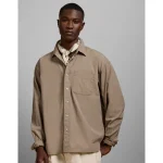 AE77 Premium Relaxed Striped Poplin Button-Up Shirt - Taupe