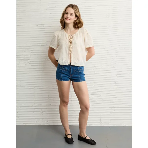 AE Short-Sleeve High Neck Tie Front Shirt - Cream