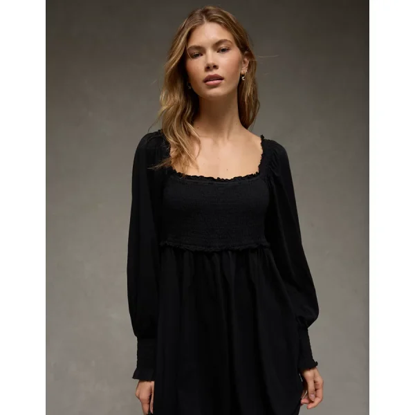 AE Smocked Puff Sleeve Mini Dress - Black