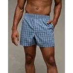 AEO Men's Plaid Poplin Pocket Boxer Short - Washed Blue