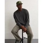 AE Boxy Washed Thermal Henley Shirt - Smoked Gray