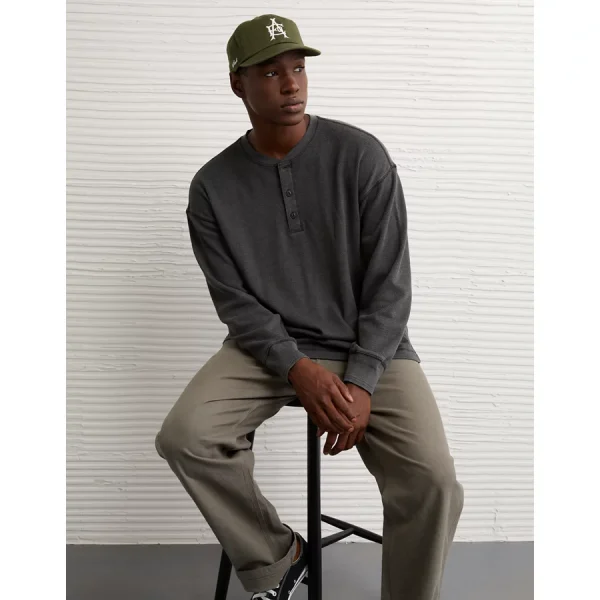 AE Boxy Washed Thermal Henley Shirt - Smoked Gray