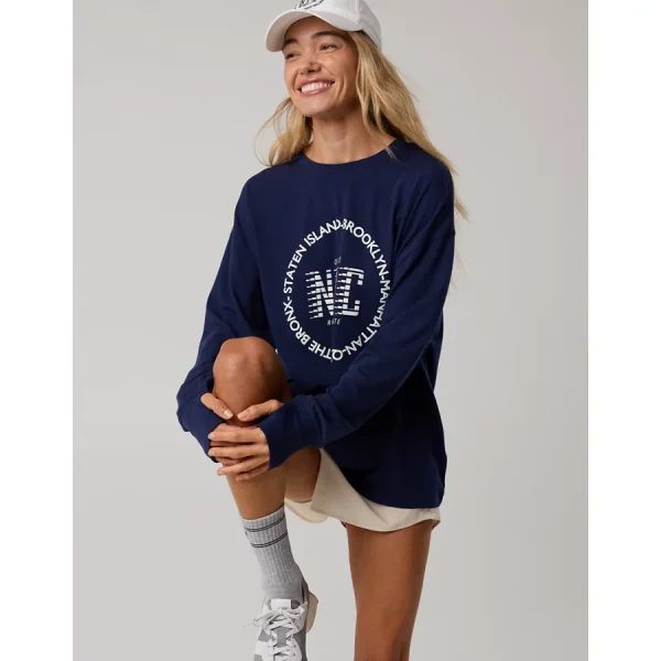 OFFLINE By Aerie Let's Stretch Long Sleeve Boyfriend T-Shirt - Royal Navy