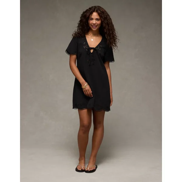 AE V-Neck Embroidered Mini Shift Dress - Black