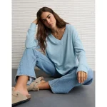 AE Long Sleeve Plush V-Neck Top - Skylight
