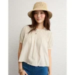 AE Sunchaser High Neck Puff Sleeve Smocked T-Shirt - Cream