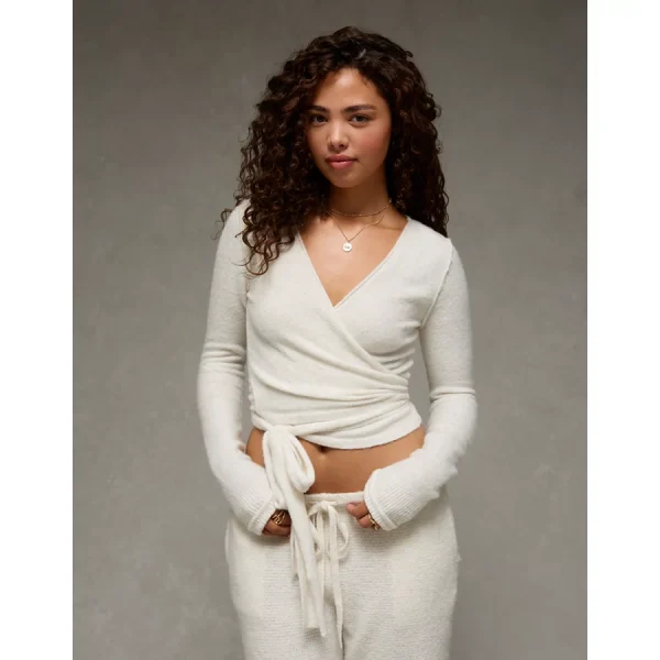 AE Whoa So Soft Ballet Wrap Sweater Top - Oatmeal