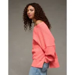 AE Big Hug Off-The-Shoulder Waffle Sweatshirt - Bright Pink