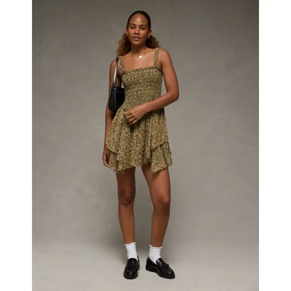 AE Handkerchief Hem Ruffle Floral Mini Dress - Yellow