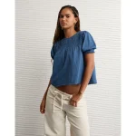 AE Sunchaser High Neck Puff Sleeve Smocked T-Shirt - Navy