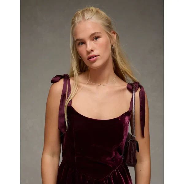 AE Tie-Strap Velvet Mini Dress - Burgundy