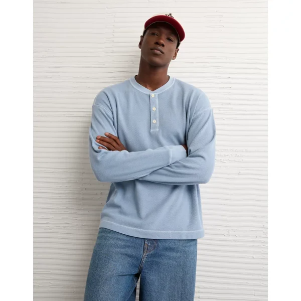 AE Boxy Washed Thermal Henley Shirt - Soft Blue